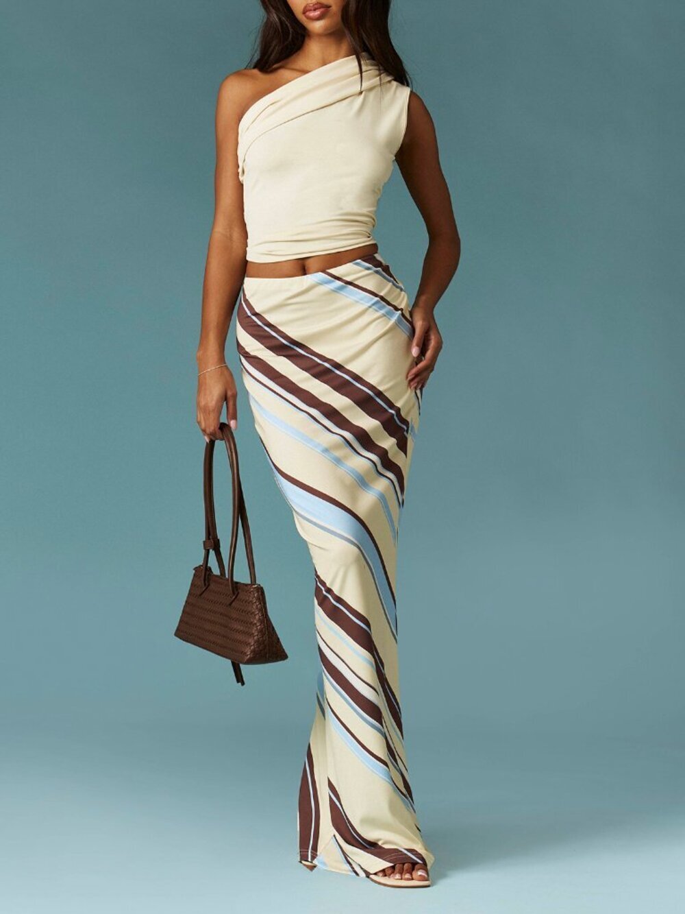 Multicolor Boho Women's Diagonal Stripe High Waist Bodycon Maxi Skirt - Picture 3 of 6